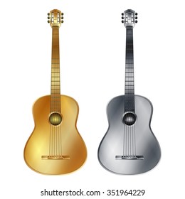 Vector gold and silver acoustic guitar, isolated objects on white. You can use any images and backgrounds.