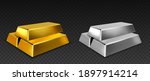 Vector gold and silver bars isolated on dark transparent background