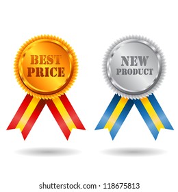 Vector Gold and silver best price label with ribbons.