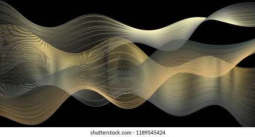 Vector gold silver black pattern, geometric graphic design, abstract background with curve lines. Banner, poster, cover layout backdrop, abstract wavy curves pattern template.