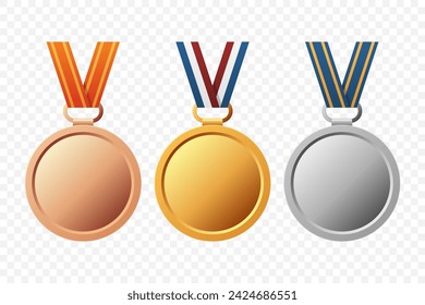 Vector Gold, Silver, and Bronze Award Medal Icon Set with Color Ribbons Close-up Isolated. First, Second, Third Place Prizes. Sport Tournament Victory Concept