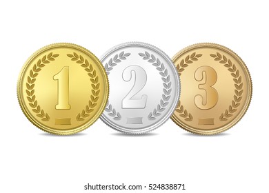 Vector gold, silver and bronze award medals set isolated on white background. The first, second, third prizes.