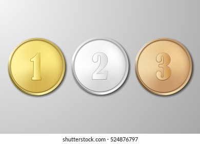 Vector gold, silver and bronze award medals set on gray background. The first, second, third prizes.