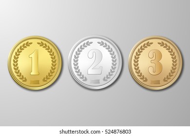 Vector gold, silver and bronze award medals set on gray background. The first, second, third prizes.