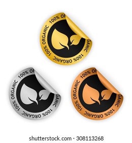vector gold, silver, bronze bent sticker with symbol of organic