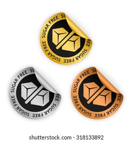 vector gold, silver, bronze bent stickers with symbol of sugar free