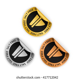 vector gold, silver, bronze bent stickers with symbol of salt free