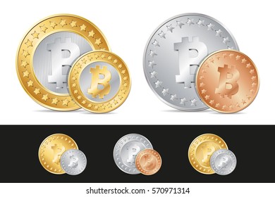 vector gold, silver and bronze bitcoin coins. EPS