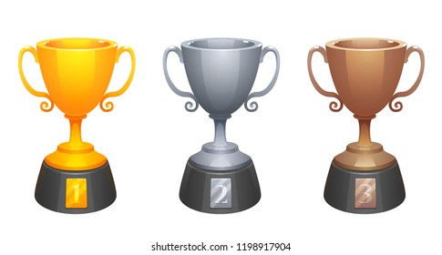 Vector gold, silver, bronze cups trophy awards with base. Prizes for the first, second and third place. Shiny trophy on white background.  Winners cup set.
