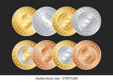vector gold, silver and bronze dollar coins. EPS