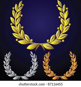 vector gold, silver, bronze laurel wreath on dark blue background