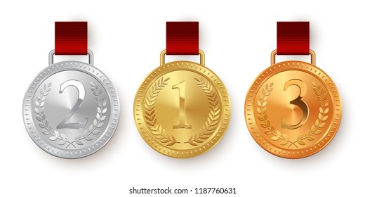 Vector gold, silver and bronze medals with red ribbons isolated on white background.