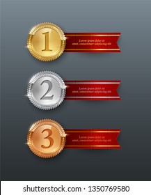 Vector gold, silver, bronze medals and horizontal red ribbons with text space isolated on gray background