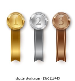 Vector gold, silver, bronze medals and vertical ribbons isolated on white background