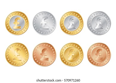 vector gold, silver and bronze pound coins. EPS