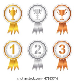 Vector Gold, Silver And Bronze Rosette Badges With Trophy And Place Numbers For 1st, 2nd And 3rd. JPG And TIFF Versions Of This Vector Illustration Are Also Available In My Portfolio.