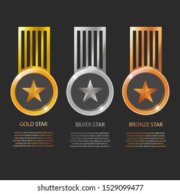 Vector gold, silver, bronze star medals and ribbons with text space isolated on black background