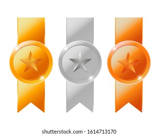 Vector gold, silver, bronze star medals and ribbons with text space isolated on black background