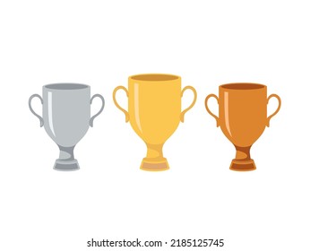 Vector gold, silver and bronze winners cup on white background. Flat illustration