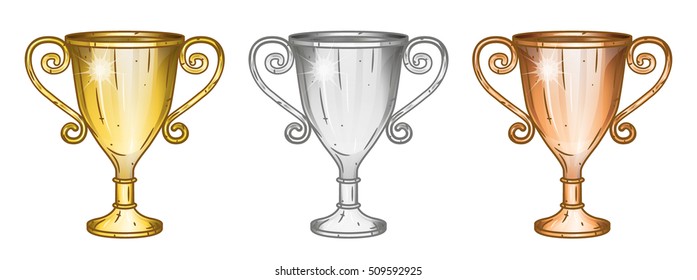 Vector gold, silver and bronze winners cup. Vector illustration