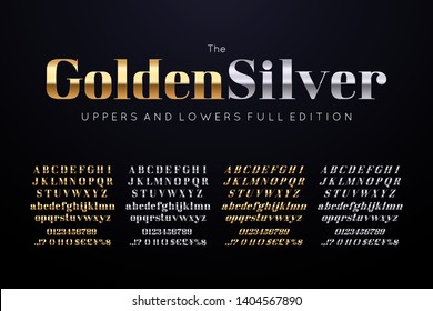 Vector gold and silver font and alphabet collection. Uppers and lowers letters, numbers and symbols.