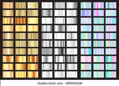 Vector Gold, Silver And Holographic Swatches Gradient Set. 90 Foil Texture Modern Style Collection. Poster Bright Template Design. Abstract Art Background