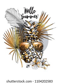 Vector gold and silver illustration. Pineapple fruit in a sunglasses. Exotic Tropical leaves and flowers. Hello Summer - lettering quote. Poster, hand drawn style t-shirt print.