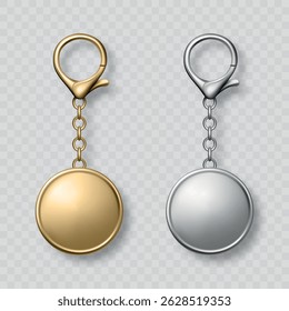 Vector Gold and Silver Keychain Icon Set, Isolated. Realistic Round Keychain Design for Branding. Blank Keychain Mockup for Logo. Luxury Metallic Keychain Template for Custom Accessory Design