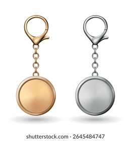 Vector Gold and Silver Keychain Icon Set, Isolated. Realistic Round Keychain Design for Branding. Blank Keychain Mockup for Logo. Luxury Metallic Keychain Template for Custom Accessory Design