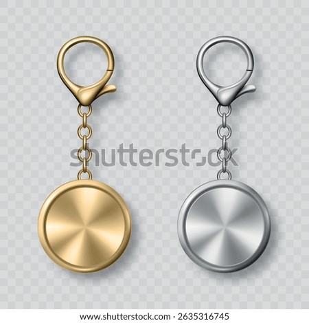 Vector Gold and Silver Keychain Icon Set, Isolated. Realistic Round Keychain Design for Branding. Blank Keychain Mockup for Logo. Luxury Metallic Keychain Template for Custom Accessory Design