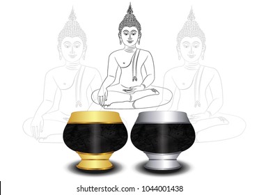 vector of gold and silver monk alms bowl equipment of monk to get food from people in bhuddism