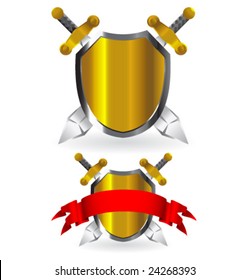 Vector gold and silver shields with swords and red banner