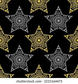 Vector gold and silver star seamless pattern with hand drawn chain. Perfect for wallpapers, web page backgrounds, surface textures, textile. Isolated on black background.