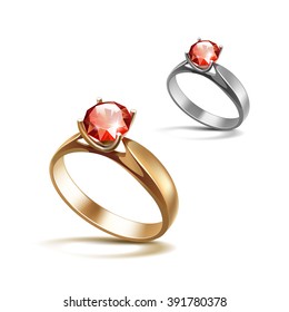 Vector Gold and Siver Engagement Rings with Red Shiny Clear Diamond Close up Isolated on White Background