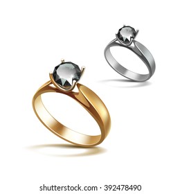 Vector Gold and Siver Engagement Rings with Black Shiny Clear Diamond Close up Isolated on White Background