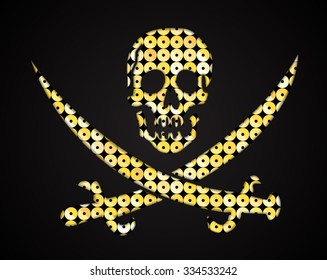Vector gold skull. Jolly Roger. Pirate flag. Sequins, palettes.