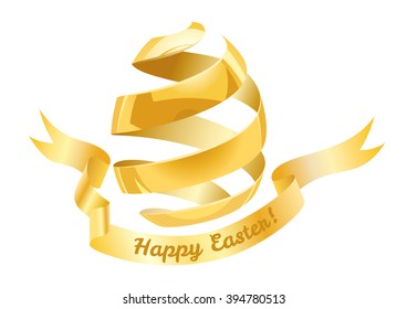 Vector gold slice peel egg with banner and lettering Happy Easter, Isolated on white background. Vector EPS 10.