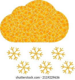 Vector gold snow cloud mosaic icon. Snow cloud is isolated on a white background. Gold items pattern based on snow cloud icon. Mosaic snow cloud iconic image is created with yellow items.