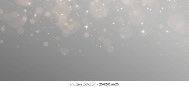 Vector gold sparkle, dust, Bokeh, glitter particles background effect. Glowing light effect with glitter on transparent background.