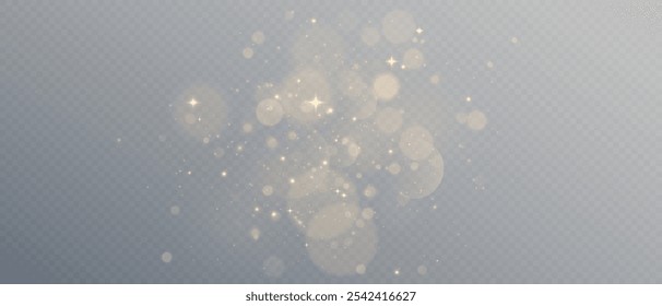 Vector gold sparkle, dust, Bokeh, glitter particles background effect. Glowing light effect with glitter on transparent background.