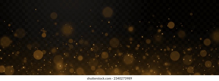 Vector gold sparkles. Atomization of golden dust particles png. Bokeh with glowing particles png. Bokeh effects.