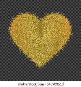 Vector gold sparkles heart on transparent background. Abstract luxury glow golden background. Design concept for Valentines day greeting card, holiday gift card, banner, flyer