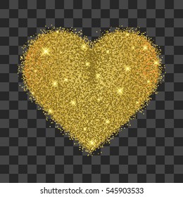 Vector gold sparkles heart on transparent background. Abstract luxury glow golden background. Design concept for Valentines day greeting card, holiday gift card, banner, flyer