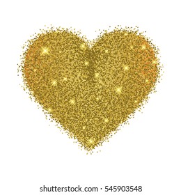Vector gold sparkles heart on white background. Abstract luxury glow golden background. Design concept for Valentines day greeting card, holiday gift card, banner, flyer