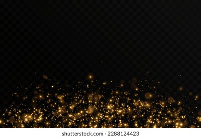 Vector gold sparkles on an isolated transparent background. Atomization of golden dust particles png. Glowing particles png. Gold dust. Light effect.
