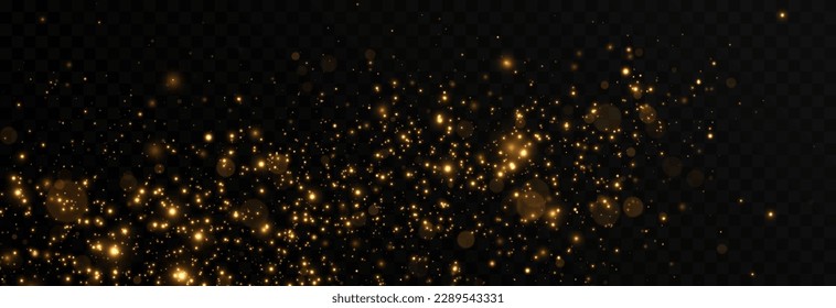 Vector gold sparkles on an isolated transparent background. Atomization of golden dust particles png. Glowing particles png. Gold dust. Light effect.
