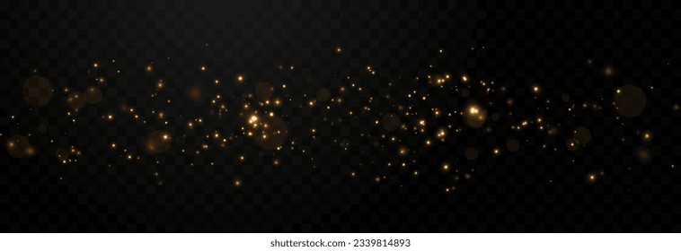 Vector gold sparkles on an isolated transparent background. Atomization of golden dust particles png. Glowing particles png. Gold dust. Light effect.