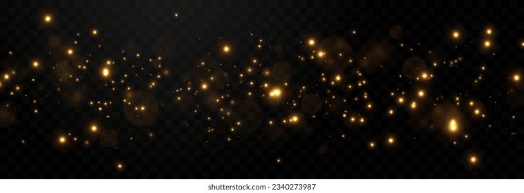 Vector gold sparkles on an isolated transparent background. Atomization of golden dust particles png. Glowing particles png. Gold dust. Light effect.