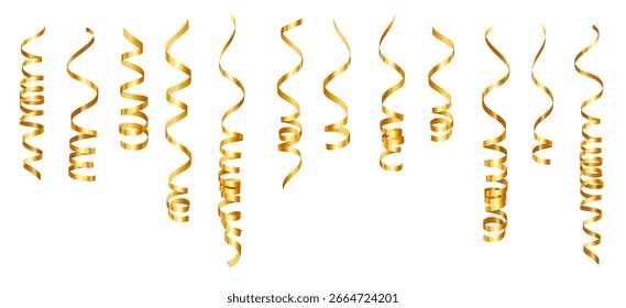 Vektor Gold Spiral Streamer Collection. Fallende einzelne Gold Confetti. Glänzende goldene festliche Tönung. Weihnachten und Neujahr Dekoration. Partyhintergrund