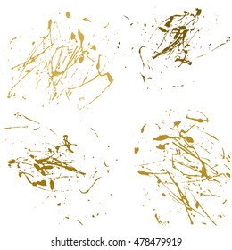 Vector gold splatter paint abstract on white background set hand drawing design art, stain splash ink golden color grunge texture, spray pattern